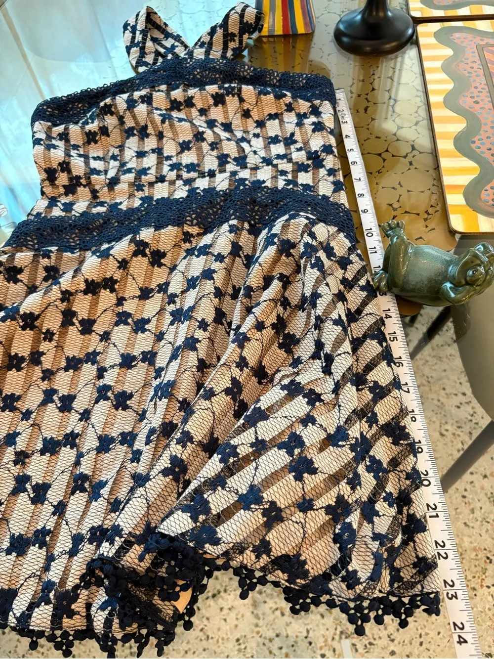 FOXIEDOX Anthropologie Cordelia Navy Blue Beige Lace Halter Dress! Gorgeous! S